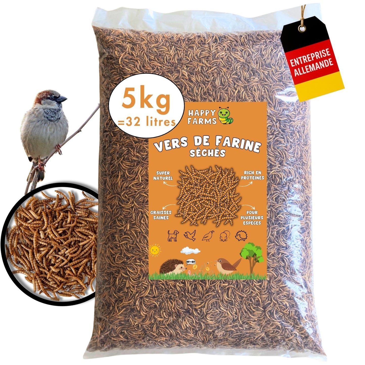 Vers de farine séchés à acheter – aliment naturel de qualité pour oiseaux & hérissons – Happy Farms