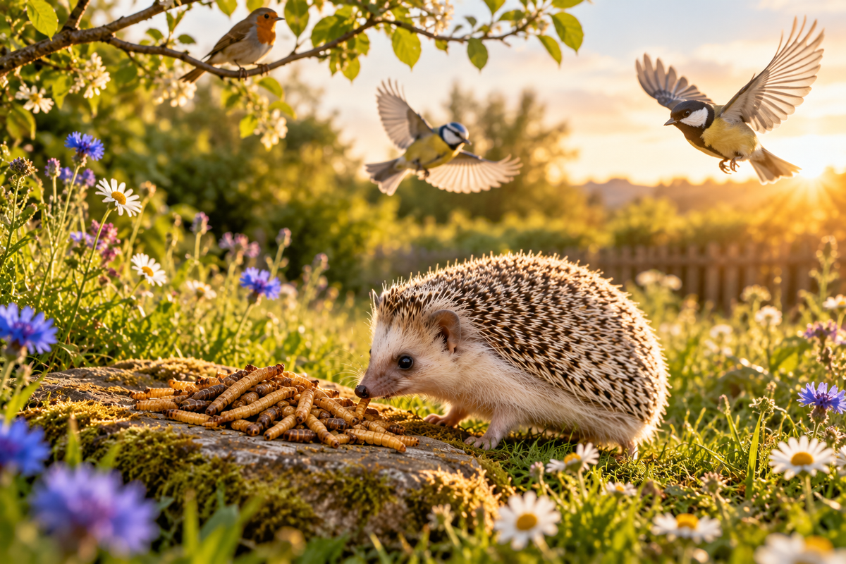 Igel frisst in einer Blumenwiese InsektenMix aus Mehlwürmern und Soldatenfliegenlarven, darüber fliegen Meisen