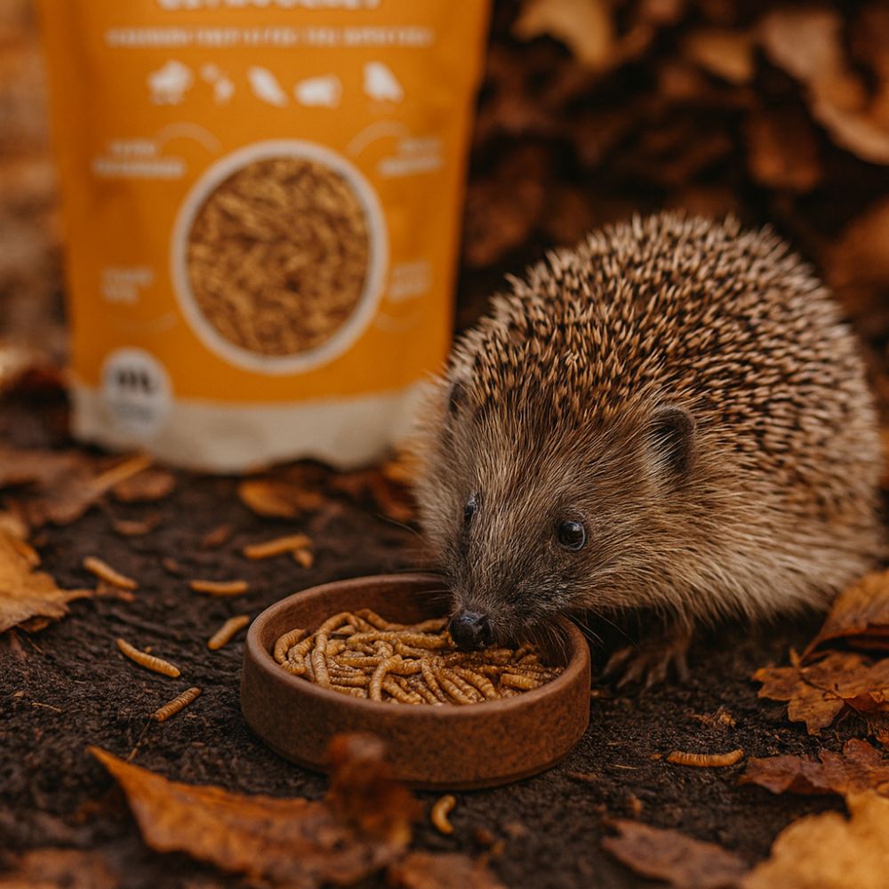 Igel frisst Mehlwürmer im Garten – natürliche Unterstützung für Wildtiere